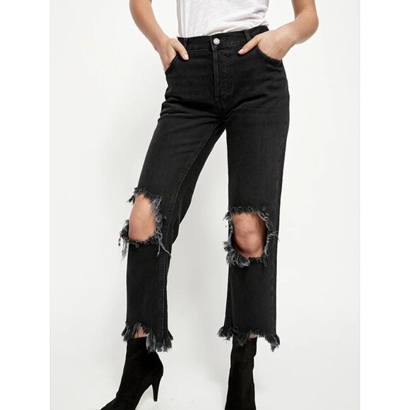 FREE PEOPLE Maggie Mid Rise Washed Black Distressed Jeans Size 27 NEW NWT - Picture 1 of 6